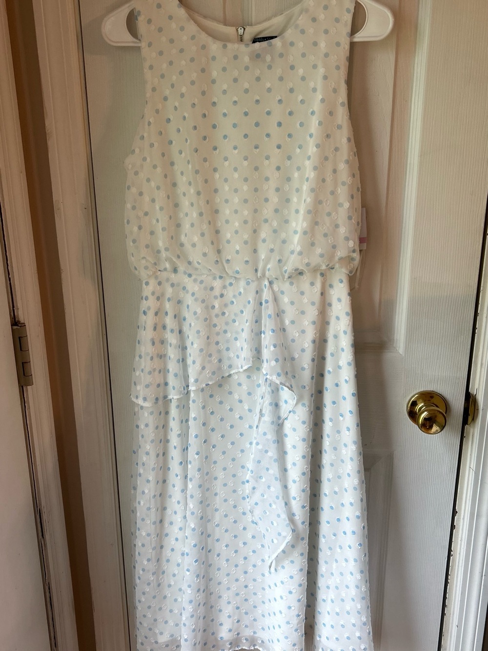 Gabby Skye White Dress with Light Blue Polka Dots - Sleeveless Ruffle Skirt